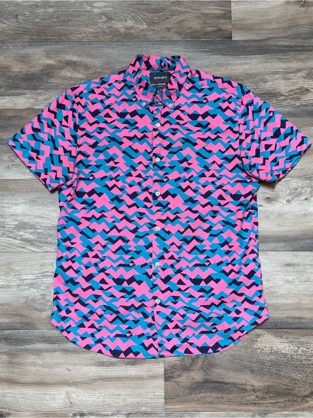 Bonobos Men’s Medium Reg. Fit Geometric Print Short Sleeve Button Up Pink Blue